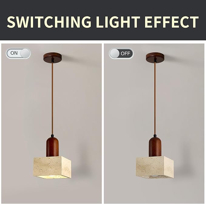 Japanese Wabi sabi Pendant Light with Natural Stone Shade, Dimmable Modern Wood Hanging Lamp Fixture, Adjustable Height Pendant Lamp for Bedroom, Kitchen Island, Dining Room, Restaurant, Cafe, Bar (K)