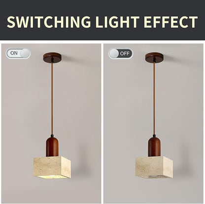 Japanese Wabi sabi Pendant Light with Natural Stone Shade, Dimmable Modern Wood Hanging Lamp Fixture, Adjustable Height Pendant Lamp for Bedroom, Kitchen Island, Dining Room, Restaurant, Cafe, Bar (K)