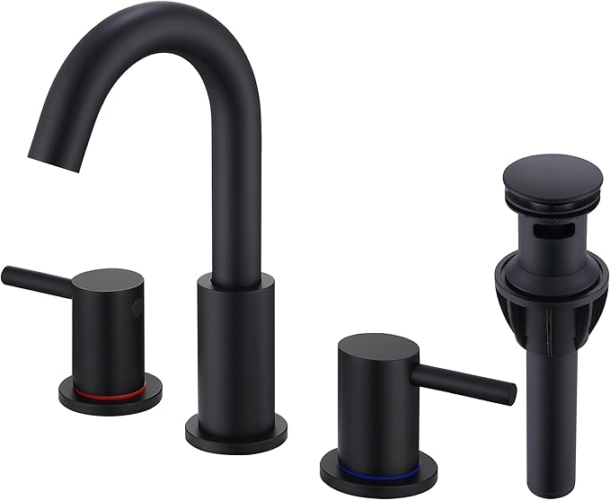 Black 3 Hole Bathroom Faucet, 8 in Matte Black Widespread Bathroom Sink Faucet with Pop Up Drain and Supply Lines, Stainless Steel 2 Handle Black Faucet for Vanity