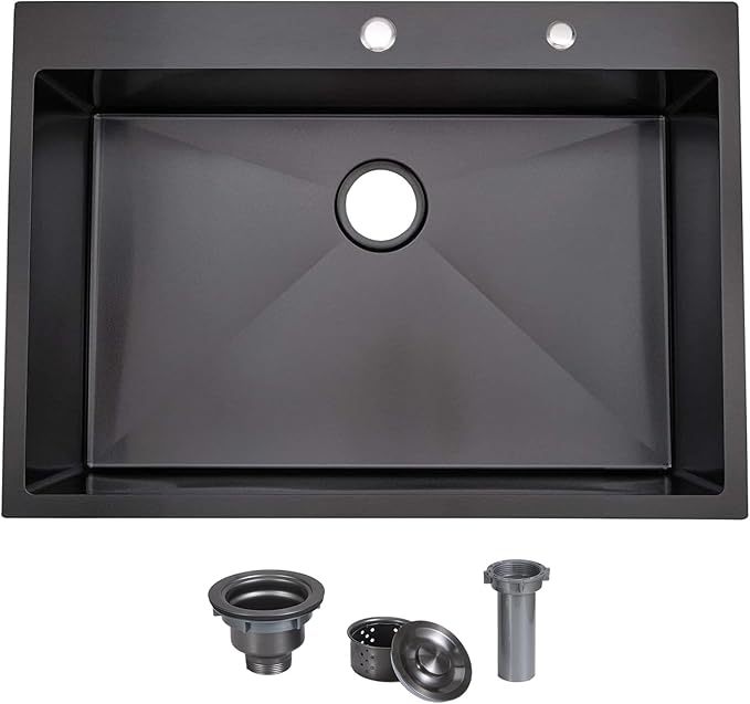SHACO 30x18 Inch Drop In Black Kitchen Sink, 30 Inch Gunmetal Black Top Mount Single Bowl Commercial Kitchen Sink, Stainless Steel 16 Gauge Handmade Kitchen Sink with Strainer Drain