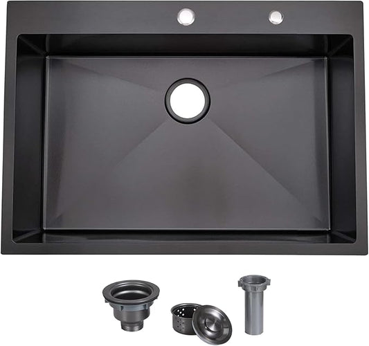 SHACO 30x18 Inch Drop In Black Kitchen Sink, 30 Inch Gunmetal Black Top Mount Single Bowl Commercial Kitchen Sink, Stainless Steel 16 Gauge Handmade Kitchen Sink with Strainer Drain