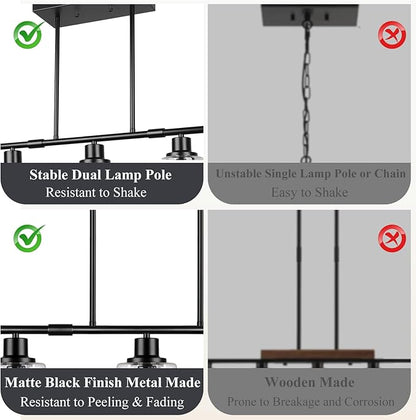 Dining Room Light Fixture Over Table, 5-Light Kitchen Island Lighting Hanging, Farmhouse Linear Chandelier for Dining Room, Matte Black Pendant Light Fixtures with Clear Glass Shade for Kitchen Island