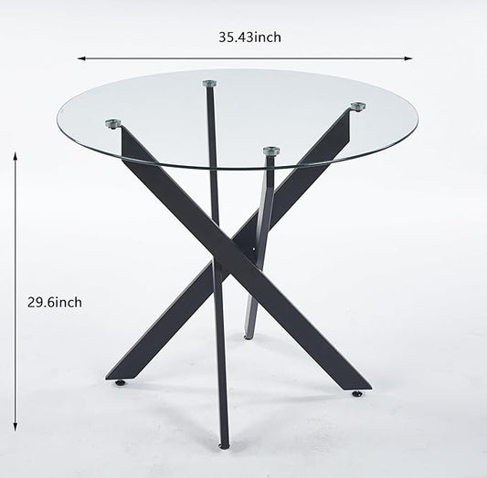 Round Glass Dining Table 35.4'' Inch Modern Round Kitchen Table with Metal Legs Durable Stylish Dinner Table for Dining Room Kitchen
