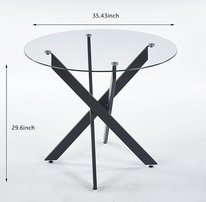 35.43'' Round Glass Dining Table,Modern Kitchen Table for 2-4 People,Dining Room Table with Tempered Glass Top and Metal Legs for Kitchen Apartment