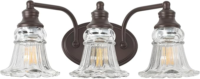3-Light Bathroom Light Fixtures Over Mirror, Vintage Vanity Lights with Clear Floral Glass Shades, Oil Rubbed Bronze