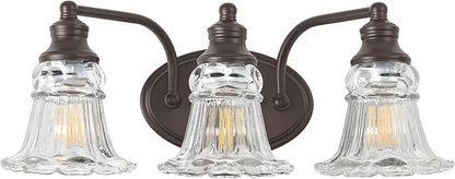 3-Light Bathroom Light Fixtures Over Mirror, Vintage Vanity Lights with Clear Floral Glass Shades, Oil Rubbed Bronze