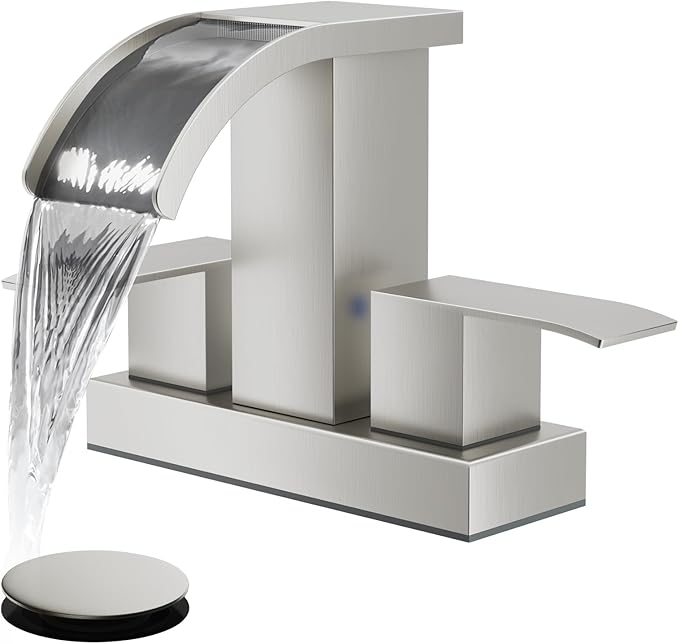 gotonovo Waterfall 4 Inch Centerset Bathroom Sink Faucet 2 Handle Basin Faucets 2 or 3 Hole Deck Mount with Pop Up Drain Included Lavatory Modern Mixer Tap Vanity Faucet Brushed Nickel
