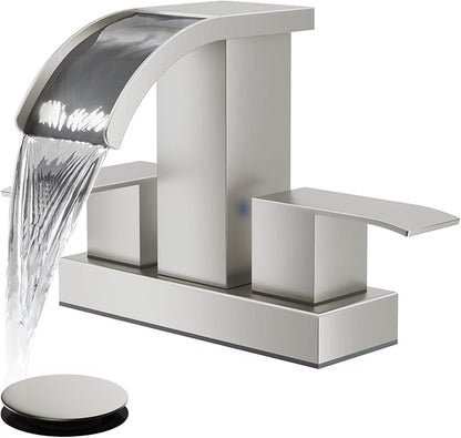 gotonovo Waterfall 4 Inch Centerset Bathroom Sink Faucet 2 Handle Basin Faucets 2 or 3 Hole Deck Mount with Pop Up Drain Included Lavatory Modern Mixer Tap Vanity Faucet Brushed Nickel
