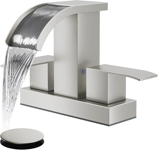 gotonovo Waterfall 4 Inch Centerset Bathroom Sink Faucet 2 Handle Basin Faucets 2 or 3 Hole Deck Mount with Pop Up Drain Included Lavatory Modern Mixer Tap Vanity Faucet Brushed Nickel