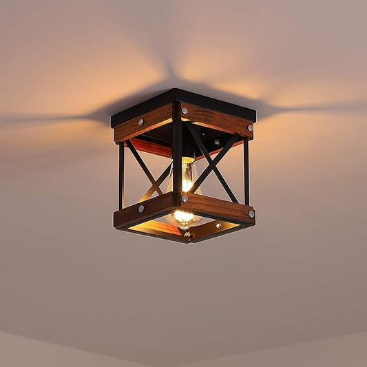 Fivess Lighting Rustic Farmhouse Flush Mount Ceiling Light 1-Light Metal and Wood Cage Mini Semi Flush Mount Light Fixture for Hallway Kitchen Entryway, Black