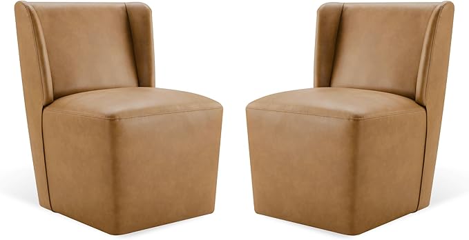 KISLOT Upholstered Dining Chairs Set of 2 with Casters, Wingback Modern Side Armless Deskchair with Rollers for Diningroom Bedroom Livingroom Reading Room, Brown Faux Leather