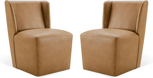 KISLOT Upholstered Dining Chairs Set of 2 with Casters, Wingback Modern Side Armless Deskchair with Rollers for Diningroom Bedroom Livingroom Reading Room, Brown Faux Leather