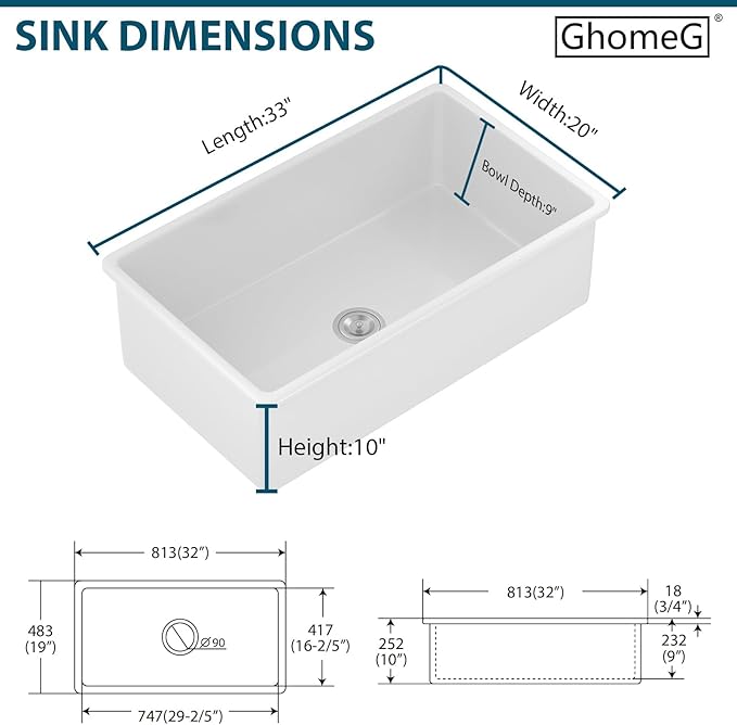 32 White Undermount Kitchen Sink Porcelain 32x19x10 Inch Dual Mount White Single Bowl Ceramic Kitchen Sink - Brushed Drain Strainer