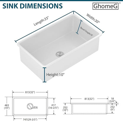 32 White Undermount Kitchen Sink Porcelain 32x19x10 Inch Dual Mount White Single Bowl Ceramic Kitchen Sink - Brushed Drain Strainer