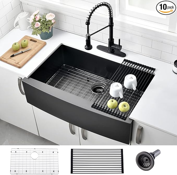 33 Inch Black Farmhouse Sink - VOKIM 33 x 22 Apron Front Farmhouse Sink Stainless Steel 16 Gauge Single Bowl Gunmetal Kitchen Sink