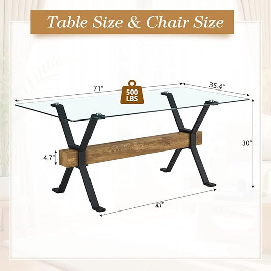 Glass Dining Table 71"｜Modern Dining Table for 6-8｜0.4" Thick Tempered Glass Top｜Matte Black Metal Legs｜Wooden Crossbar｜Easy Assembly｜Perfect for Dining Room or Kitchen