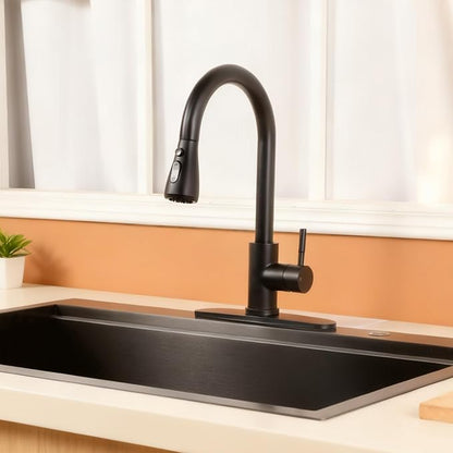 Black Kitchen Faucet with Pull Down Sprayer, Single Handle Kitchen Faucet Matte Black, Stainless Steel Suitable for 1 or 3 Hole Sinks for Farmhouse, RV, Laundry, Bar, RC-KYT010B-D
