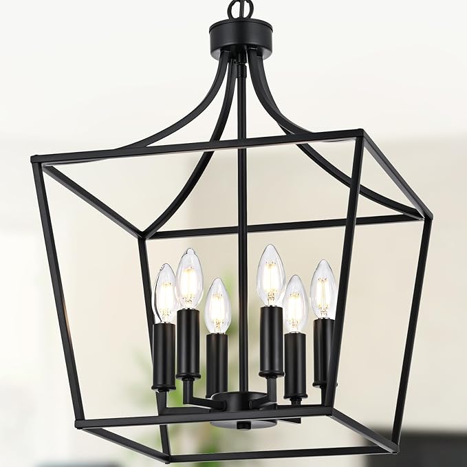 6-Light Farmhouse Dining Room Cage Chandelier, Black Ceiling Pendant Light Fixture Height Adjustable for Kitchen Island Over Table, E12 Bulb Base