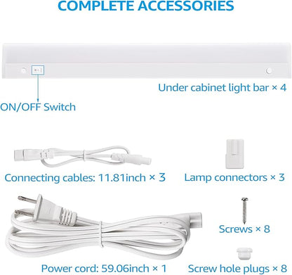 TORCHSTAR Plug in Under Cabinet Lighting, ETL Listed Linkable LED Under Cabinet Light Kit, Individual Control, 16 Inch, 3000K Warm White, 8W, Pack of 4