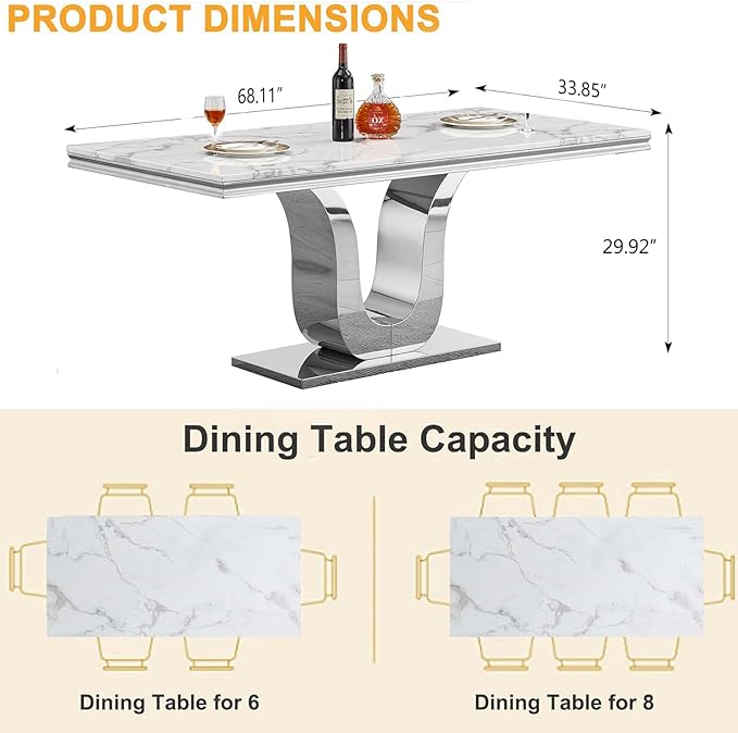 Henf 68" Modern Dining Table for 6, White Marble Kitchen Dining Room Table for 8, Large Rectangular Faux Marble Top and Silver U-Shape Steel Base, Rectangle Pedestal Table for Kitchen, Dining Room