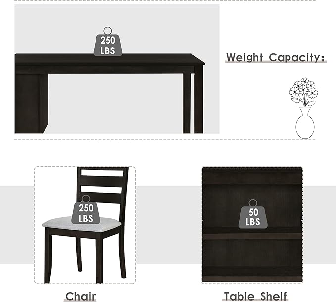 Farmhouse Wood Dining Table Set, Kitchen Table Set for 4, Kitchen Island Set with 2 Tier Storage Shelves Compact Kitchen Dining Room Set with 4 Padded Dining Chairs, for Dining Room, Kitchen