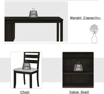 Farmhouse Wood Dining Table Set, Kitchen Table Set for 4, Kitchen Island Set with 2 Tier Storage Shelves Compact Kitchen Dining Room Set with 4 Padded Dining Chairs, for Dining Room, Kitchen