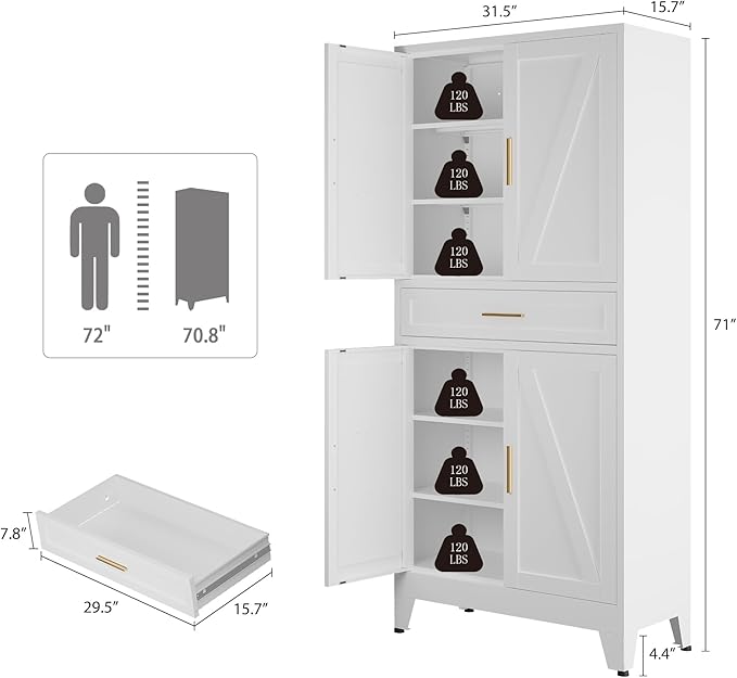 Bevivog Metal Storage Cabinet with Drawers, Tall Cabinets with Doors and Shelves, 4 Doors High Storage Cabinet for Office/Pantry/Living Room