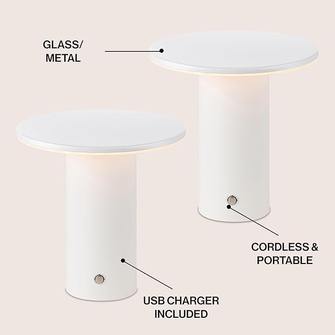 JONATHAN Y 7.5" White Modern Rechargeable Cordless LED Table Lamp Set of 2, Dimmable Touch Sensor Nightstand Mini Lamp for Dining Living Room, Frosted Diffuser JYL7158A-SET2