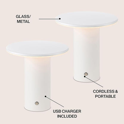 JONATHAN Y 7.5" White Modern Rechargeable Cordless LED Table Lamp Set of 2, Dimmable Touch Sensor Nightstand Mini Lamp for Dining Living Room, Frosted Diffuser JYL7158A-SET2