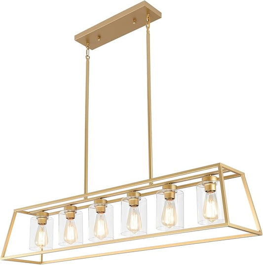 6-Light Gold Chandeliers for Dining Room | Modern Kitchen Island Light Fixture | Rectangle Chandelier for with Clear Glass Shade | Apply to Dining Room Light fixtures Over Table