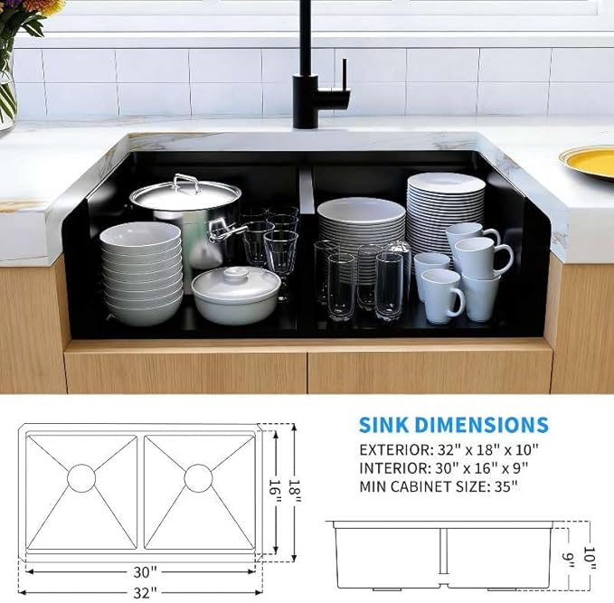 32 Inch Black Sink Undermount Double Bowl, 16 Gauge 50/50 Double Bowl Stainless Steel Workstation Sink, 32"x18"x10" Large and Deep Kitchen Sink With Accessories