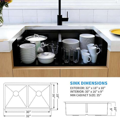 32 Inch Black Sink Undermount Double Bowl, 16 Gauge 50/50 Double Bowl Stainless Steel Workstation Sink, 32"x18"x10" Large and Deep Kitchen Sink With Accessories