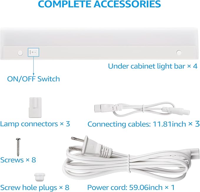 TORCHSTAR Plug in Under Cabinet Lighting, ETL Listed Linkable LED Under Cabinet Light Kit, Individual Control, 12 Inch, 4000K Cool White, 6W, Pack of 4