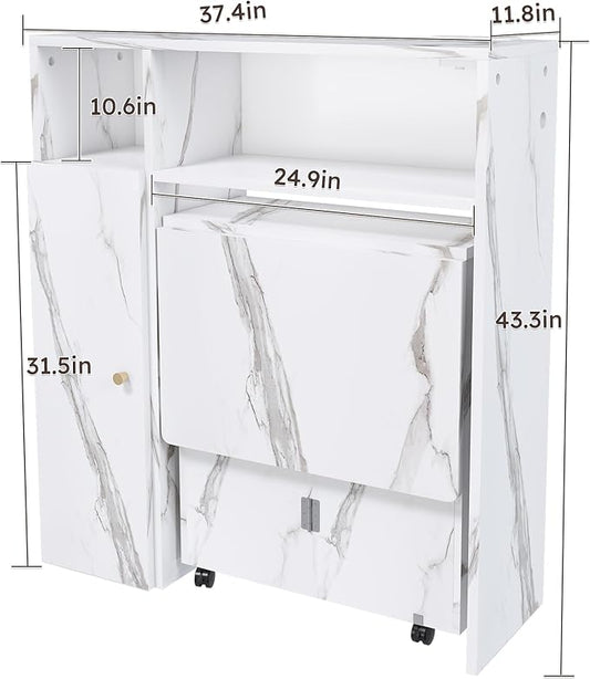 Ball & Cast Multifunctional Folding Dining Table with Wall-Mounted Sideboard & Storage,Wood Kitchen Island w/Four-in-one Socket and Silent Wheels,Space-Saving,Easy to Assemble,for Dining Room,White