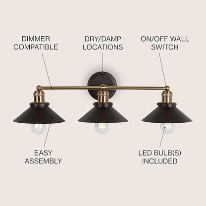 JONATHAN Y 26.5" Oil Rubbed Bronze/Brass Gold 3-Light Industrial Farmhouse Metal Vanity Light Wall Sconce, Metal Shade for Bathroom Mirror, Kitchen, Entryway, LED Bulb Included (JYL7428C)