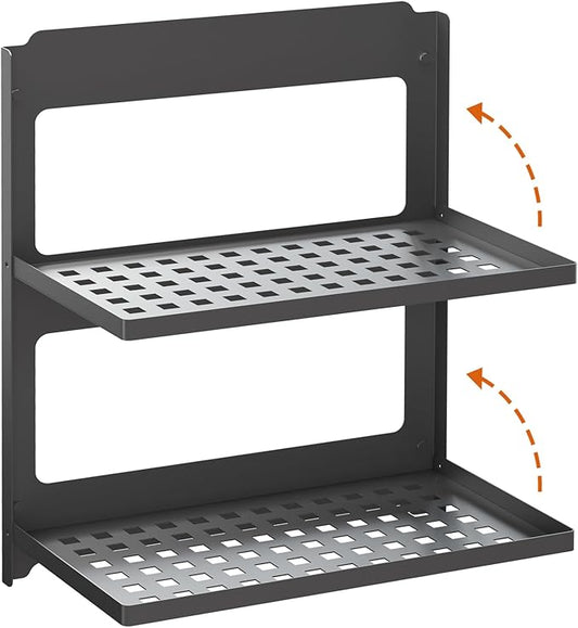 2-Tier Folding Metal Shelf Wall Mounted | Small Foldable Wall Shelf | Dorp Down | Combined Stackable | Double Layer Small Floating Shelf for Laundry Room Bathroom Utility RV | 13.4" (Black)