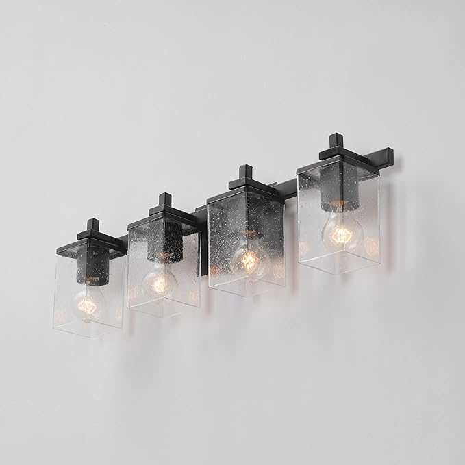 GLOBE Electric 52089 Dakota 4-Light Vanity Light, Matte Black, Seeded Glass Shades