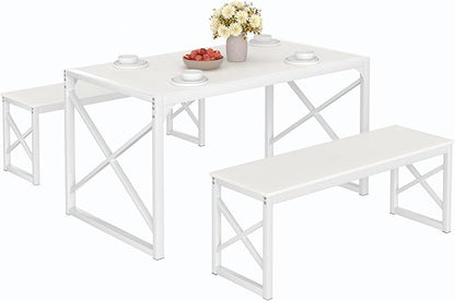 VECELO Kitchen Dining Table Benches Set for 4/6, 55" Wooden Dinette with 2 Benches, Large Embedded Desktop for Small Space, Breakfast Nook, White