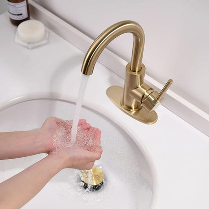 Gold Bathroom Faucets with Pop-Up Drain, Modern Single Hole Bathroom Sink Faucet with Deck Plate Single Handle Lavatory Faucets Brushed Gold Bar Vanity Faucet