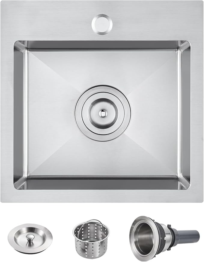 POPFLY 15×15 Inch Drop In Kitchen Sink, Stainless Steel Single Bowl Single Hole Handmade Rv Sinks, 18 Gauge SUS 304 Topmount Utility Outdoor Bar or Prep Sink, Brushed Nickel