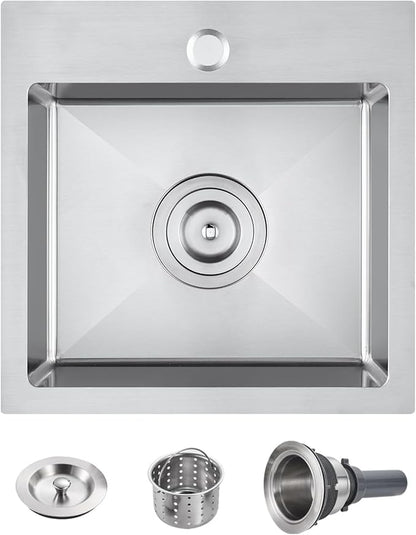 POPFLY 15×15 Inch Drop In Kitchen Sink, Stainless Steel Single Bowl Single Hole Handmade Rv Sinks, 18 Gauge SUS 304 Topmount Utility Outdoor Bar or Prep Sink, Brushed Nickel