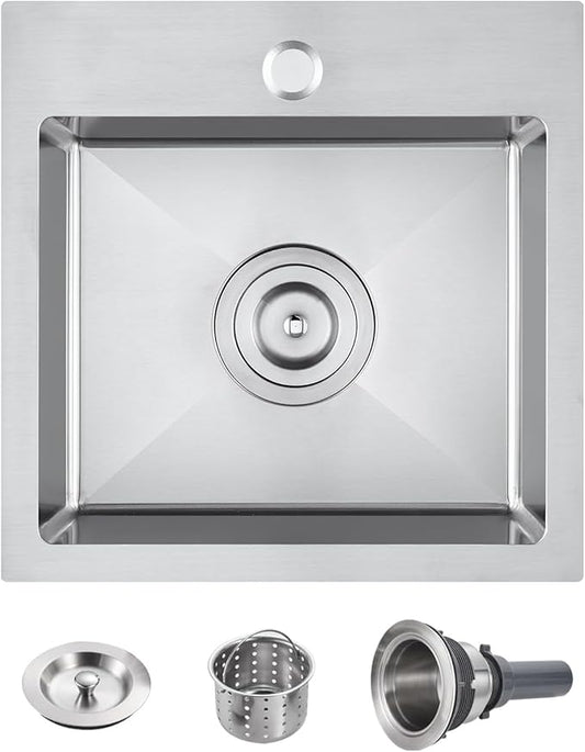 POPFLY 15×15 Inch Drop In Kitchen Sink, Stainless Steel Single Bowl Single Hole Handmade Rv Sinks, 18 Gauge SUS 304 Topmount Utility Outdoor Bar or Prep Sink, Brushed Nickel