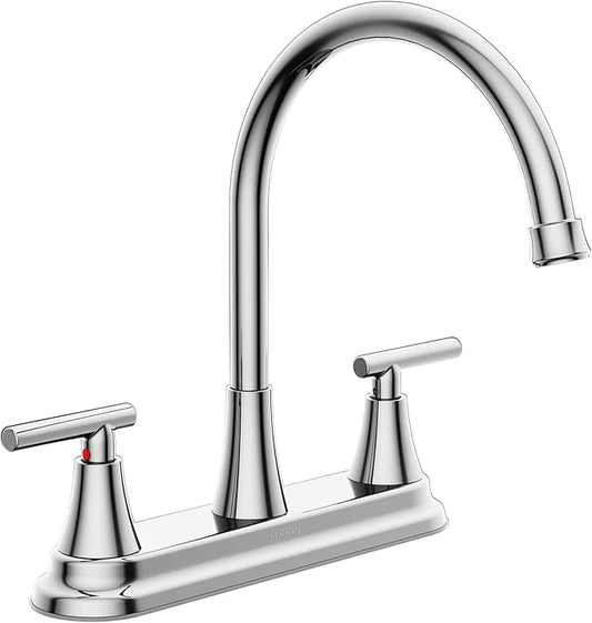 HURRAN 2 Handle Kitchen Sink Faucet, 8 Inch High Arc 360°Swivel Kitchen Sink Faucet, 3 Hole Kitchen Faucet Without Side Sprayer, Centerset RV Kitchen Faucet with Stainless Steel Pipe, Chrome