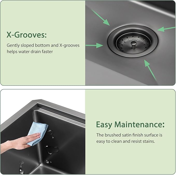 Black Undermount Kitchen Sink 30 Inch Stainless Steel Workstation Kitchen Sinks Single Bowl Gunmetal Black Nano PVD 16 Gague Handmade Large Deep Sinks, 30"x19"x9"