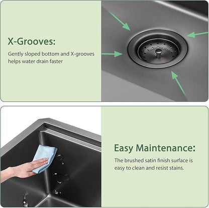 Black Undermount Kitchen Sink 30 Inch Stainless Steel Workstation Kitchen Sinks Single Bowl Gunmetal Black Nano PVD 16 Gague Handmade Large Deep Sinks, 30"x19"x9"