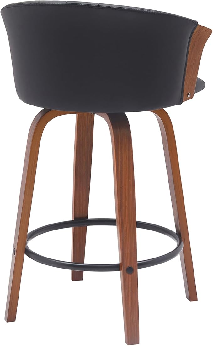 Armen Living Diana 26" Seat Height Mid Century Modern Swivel Walnut Wood Bar Stool for Kitchen Island Counter in Black Faux Leather