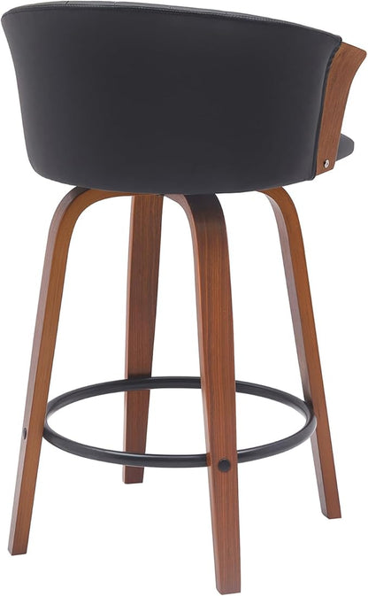 Armen Living Diana 26" Seat Height Mid Century Modern Swivel Walnut Wood Bar Stool for Kitchen Island Counter in Black Faux Leather