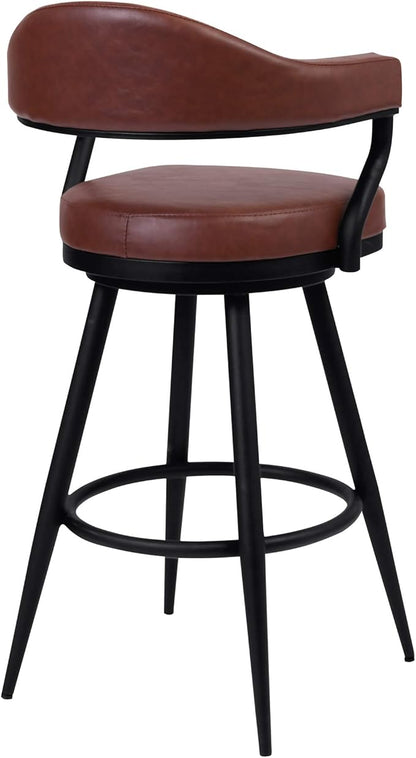 Armen Living Justin Modern Farmhouse 30" Seat Height Swivel Vintage Coffee Faux Leather Bar Stool with Black Metal Legs for Kitchen Island Counter, Set of 2