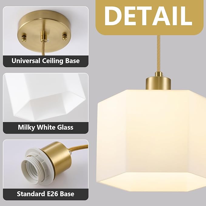 XSDeTu 1 Pack Milk Glass Pendant Lights Kitchen Island, Modern Gold Hanging Light Fixture, Mid-Century Hexagonal Ceiling Lamp, Mini Farmhouse Chandelier for Dining Room Sink Bathroom Bedroom Hallway