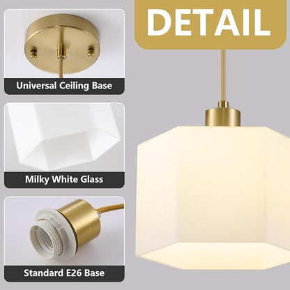 XSDeTu 1 Pack Milk Glass Pendant Lights Kitchen Island, Modern Gold Hanging Light Fixture, Mid-Century Hexagonal Ceiling Lamp, Mini Farmhouse Chandelier for Dining Room Sink Bathroom Bedroom Hallway